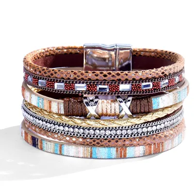 Women Fashion Diamond Multi-Layer Leather Magnetic Buckle Bracelet
