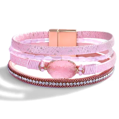 Women Fashion Diamond Multi-Layer Leather Magnetic Buckle Bracelet