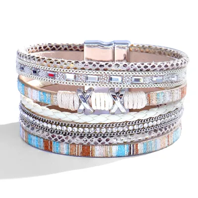 Women Fashion Diamond Multi-Layer Leather Magnetic Buckle Bracelet