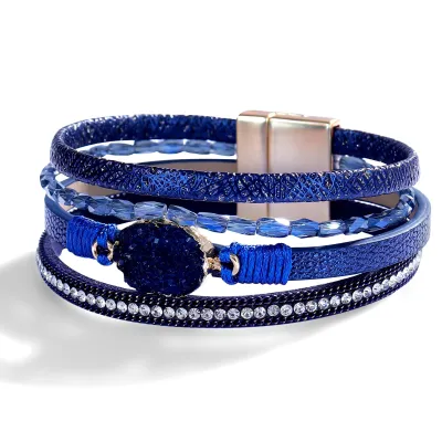 Women Fashion Diamond Multi-Layer Leather Magnetic Buckle Bracelet