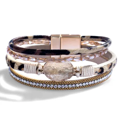 Women Fashion Diamond Multi-Layer Leather Magnetic Buckle Bracelet
