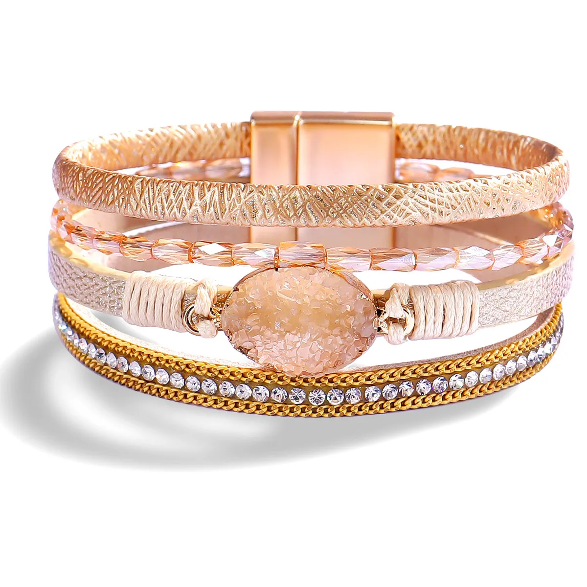 Women Fashion Diamond Multi-Layer Leather Magnetic Buckle Bracelet