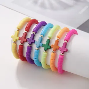 Women Fashion Bohemian Multicolor Cross Soft Pottery Beaded Bracelet 7 Piece Set