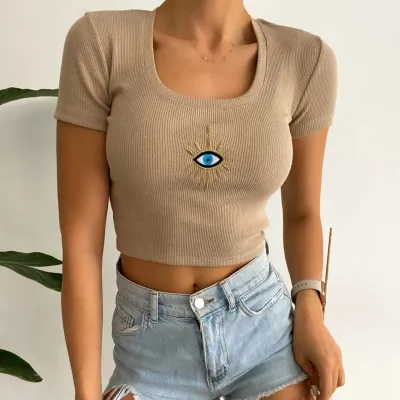 Women Fashion Evil Eye Embroidered Cropped Top