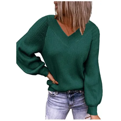 Women Knitted Autumn Winter Plus Size Loose V-Neck Solid Color Pullover Sweater