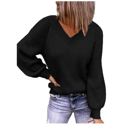 Women Knitted Autumn Winter Plus Size Loose V-Neck Solid Color Pullover Sweater