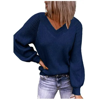 Women Knitted Autumn Winter Plus Size Loose V-Neck Solid Color Pullover Sweater