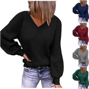 Women Knitted Autumn Winter Plus Size Loose V-Neck Solid Color Pullover Sweater
