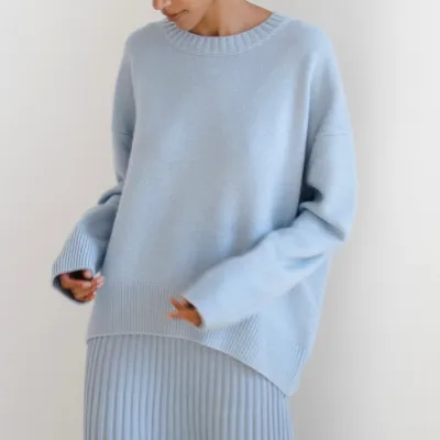 Women Double-Layer Crew Neck Loose Fit Solid Color Knitted Sweater for Autumn Winter