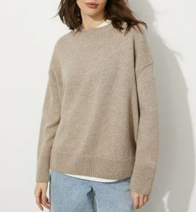 Women Double-Layer Crew Neck Loose Fit Solid Color Knitted Sweater for Autumn Winter