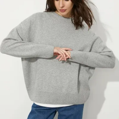 Women Double-Layer Crew Neck Loose Fit Solid Color Knitted Sweater for Autumn Winter