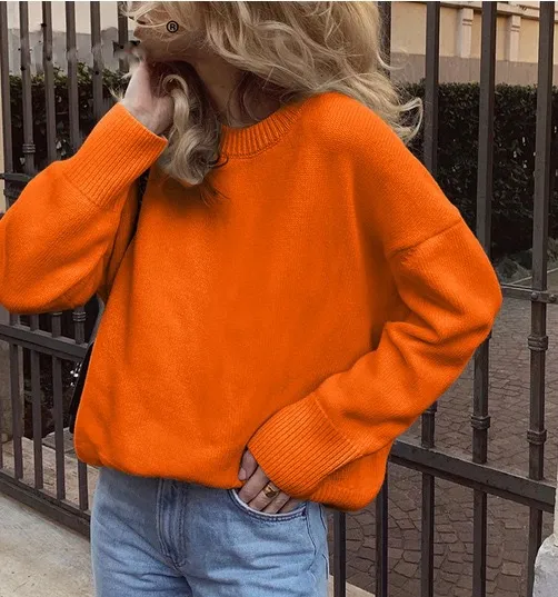 Women Double-Layer Crew Neck Loose Fit Solid Color Knitted Sweater for Autumn Winter