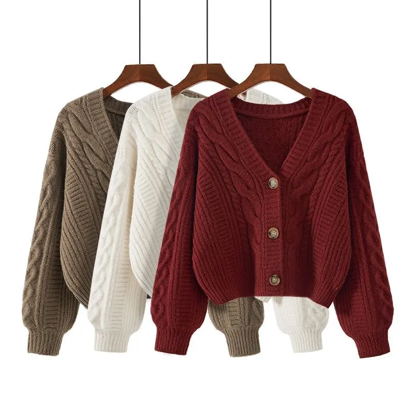 Spring Sweater Women Retro Top Loose Outer Wear V-Neck Short Knitted Cardigan Jacket