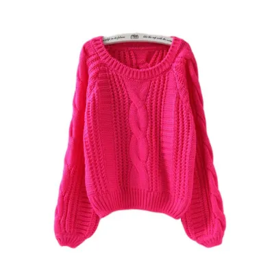 Women Autumn Winter Pullover Knitwear Lantern Sleeve Short Crewneck Sweater