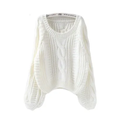 Women Autumn Winter Pullover Knitwear Lantern Sleeve Short Crewneck Sweater