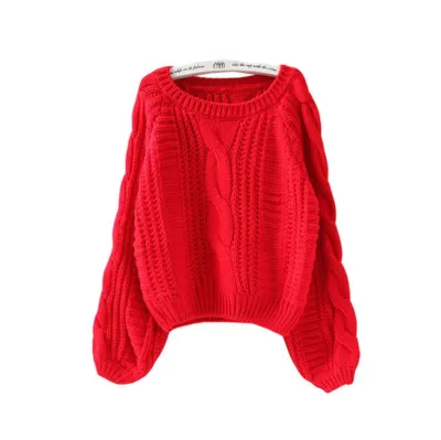 Women Autumn Winter Pullover Knitwear Lantern Sleeve Short Crewneck Sweater
