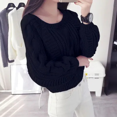 Women Autumn Winter Pullover Knitwear Lantern Sleeve Short Crewneck Sweater