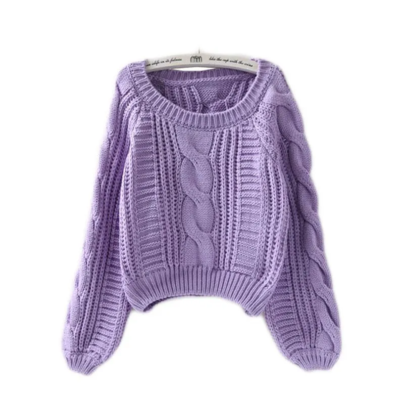 Women Autumn Winter Pullover Knitwear Lantern Sleeve Short Crewneck Sweater