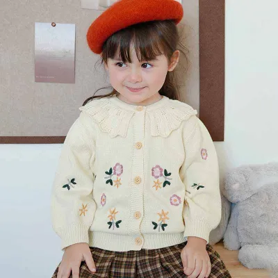 Kids Toddler Girls Autumn Winter Casual Cute Tiny Flower Cardigan Knitted Long Sleeve Sweater