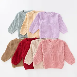 Kids Baby Toddler Boys Girls Autumn Winter Casual Cute Solid Color Long Sleeve Cotton Pullover Sweater