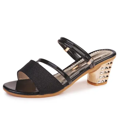 Summer Women Fashion Plus Size Fine Flash Round Toe Chunky Heel Slippers