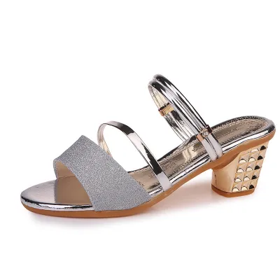 Summer Women Fashion Plus Size Fine Flash Round Toe Chunky Heel Slippers