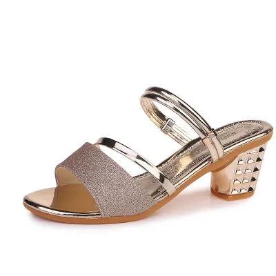 Summer Women Fashion Plus Size Fine Flash Round Toe Chunky Heel Slippers