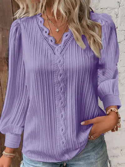 Women Fashion V-Neck Lace Long Sleeve Blouse