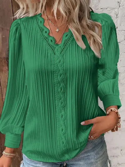 Women Fashion V-Neck Lace Long Sleeve Blouse