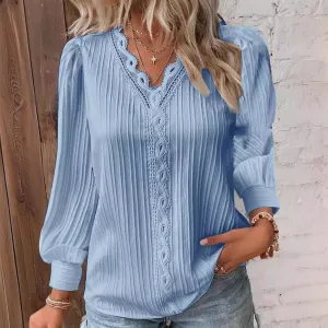 Women Fashion V-Neck Lace Long Sleeve Blouse