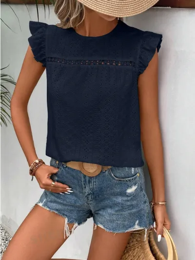 Summer Women Fashion Round Neck Lace Solid Color Lotus Leaf Short Sleeve Blouse
