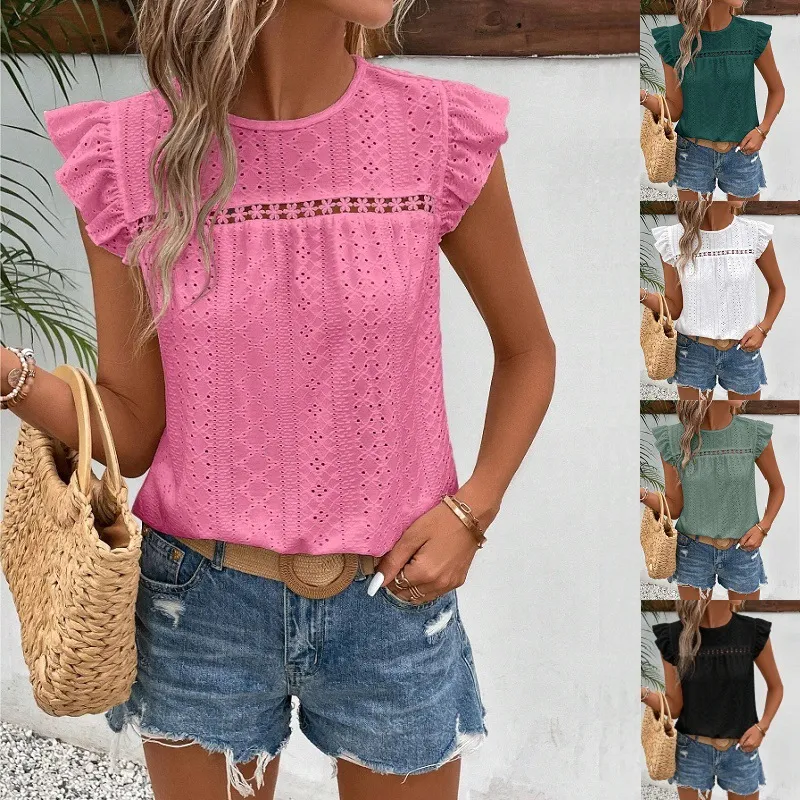 Summer Women Fashion Round Neck Lace Solid Color Lotus Leaf Short Sleeve Blouse