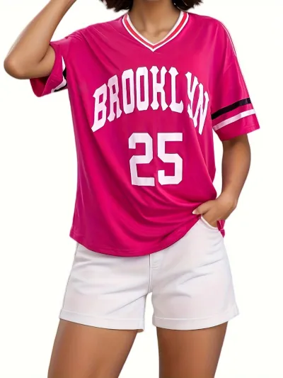 Summer Women Casual V-Neck Alphanumeric Print Short-Sleeved T-Shirt