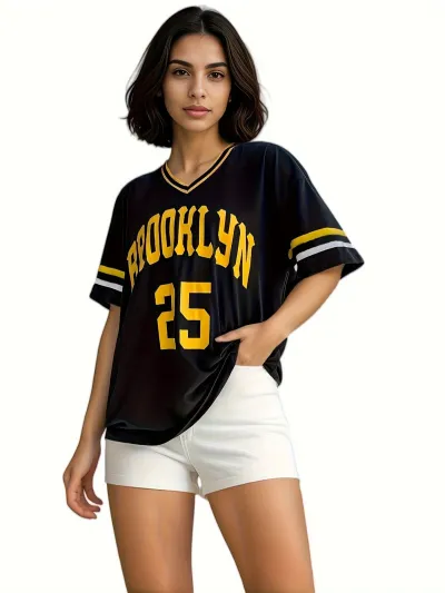 Summer Women Casual V-Neck Alphanumeric Print Short-Sleeved T-Shirt