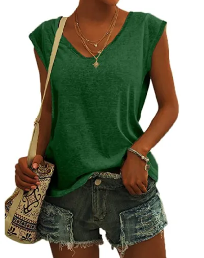 Summer Women Urban Wind Solid Color V-Neck Loose Fit T-Shirt
