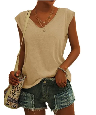 Summer Women Urban Wind Solid Color V-Neck Loose Fit T-Shirt