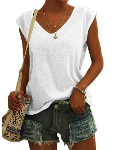 Summer Women Urban Wind Solid Color V-Neck Loose Fit T-Shirt