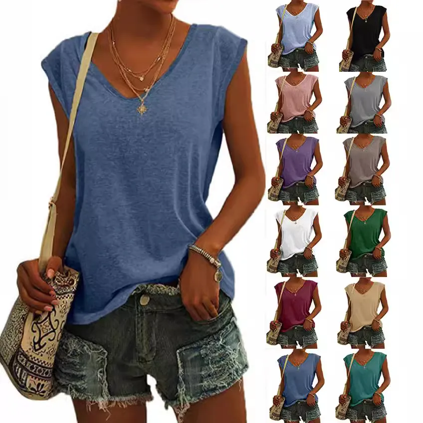 Summer Women Urban Wind Solid Color V-Neck Loose Fit T-Shirt