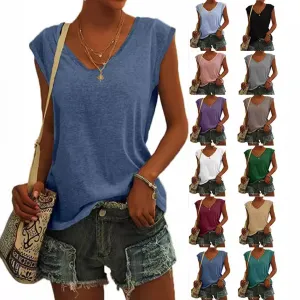 Summer Women Urban Wind Solid Color V-Neck Loose Fit T-Shirt