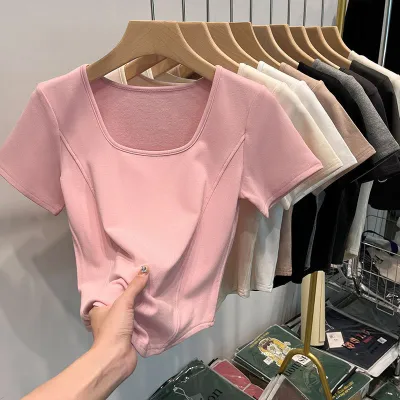 Summer Women Simple Basic Solid Color Square Neck Curved Hem Short Sleeve T-Shirt