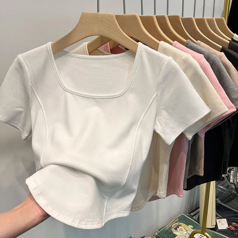 Summer Women Simple Basic Solid Color Square Neck Curved Hem Short Sleeve T-Shirt