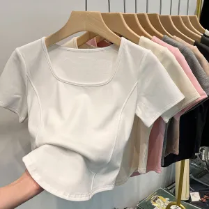 Summer Women Simple Basic Solid Color Square Neck Curved Hem Short Sleeve T-Shirt