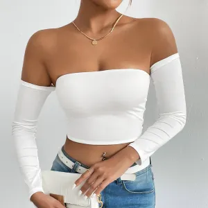 Summer Women Fashion Sexy Solid Color Strapless Long Sleeve Crop Top