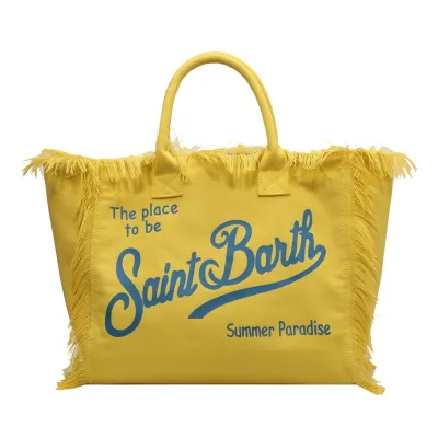 Women Fashionable Large Capacity Letter Fringed Denim Canvas Tote Shoulder Bag