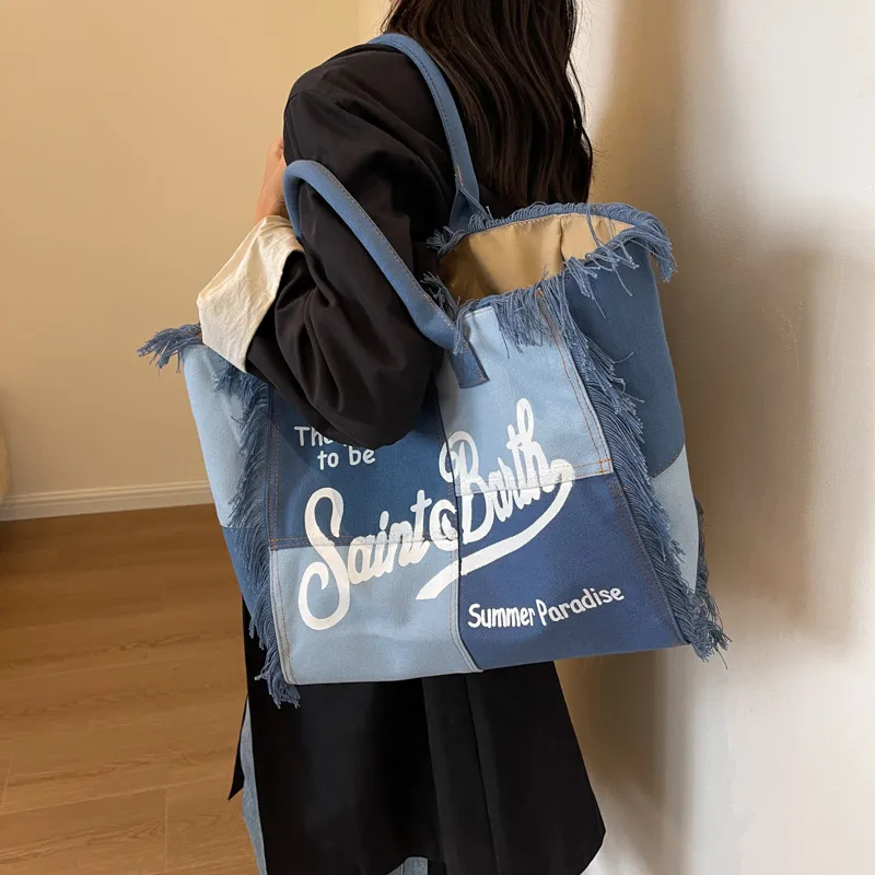 Women Fashionable Large Capacity Letter Fringed Denim Canvas Tote Shoulder Bag