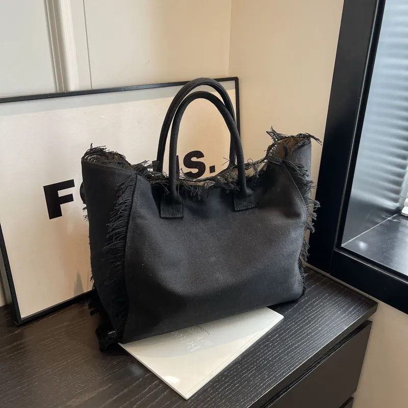 Women Fashionable Solid Color Large Capacity Tassel Tote Bag Canvas