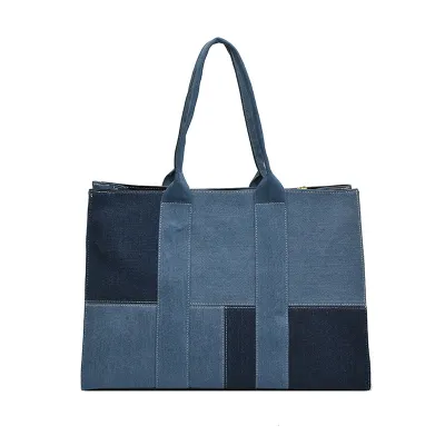 Women Fashionable Denim Colorblock Large Capacity Tote Bag