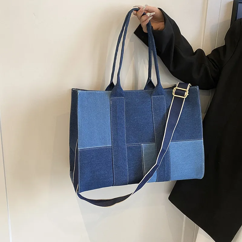 Women Fashionable Denim Colorblock Large Capacity Tote Bag