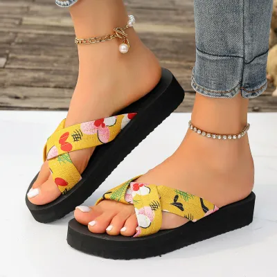 Summer Women Casual Plus Size Floral Cross Belt Pointed Toe Thick Soled Bubble Slippers