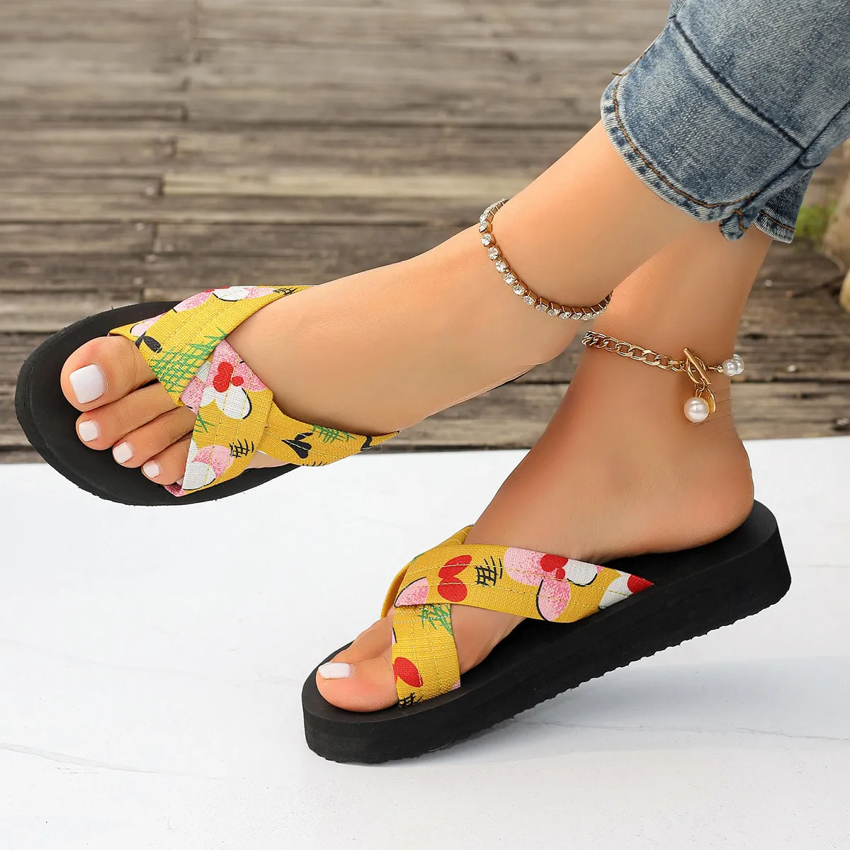 Summer Women Casual Plus Size Floral Cross Belt Pointed Toe Thick Soled Bubble Slippers